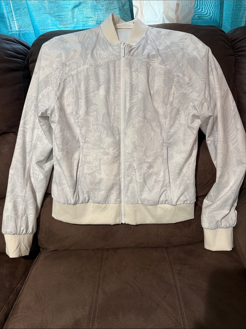 lululemon athletica Light Gray Printed Bomber Jacket with Cream Trim